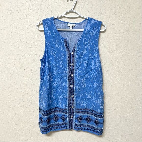 J Jill Womens Top Blouse Button Down Blue Sleeveless Floral Size L - Picture 1 of 6